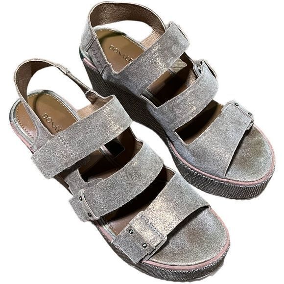 Donald Pliner Size 9 Iris Leather Raffia Platform Wedge Sandal Metallic - Picture 2 of 10